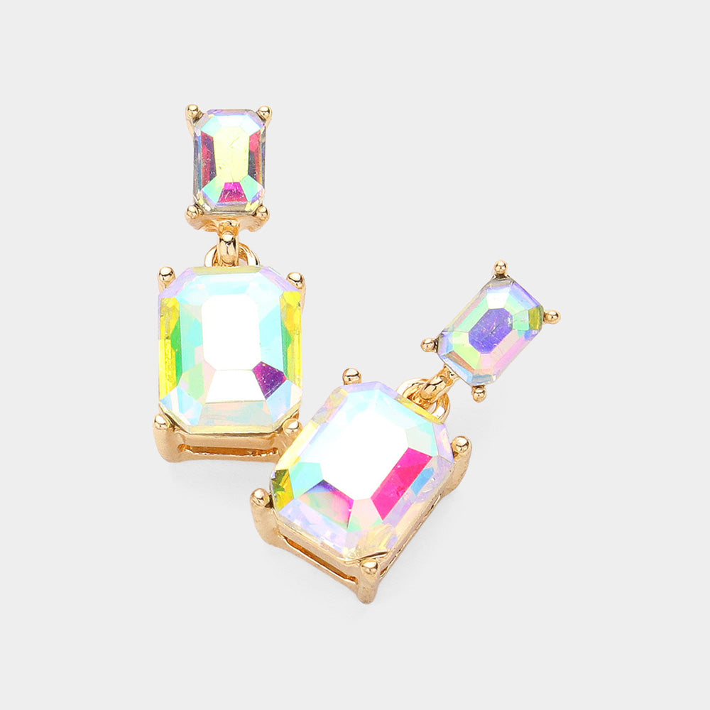 AB Emerald Cut Crystal Interview Earrings on Gold| AB Emerald Cut Pageant Earrings on Gold