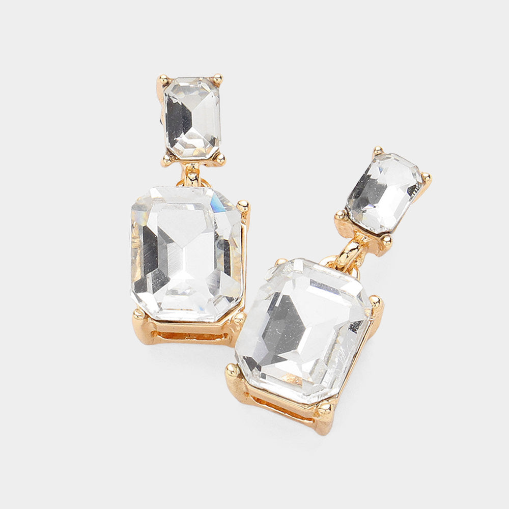 Clear Emerald Cut Crystal Interview Earrings on Gold | Clear Emerald Cut Pageant Earrings on Gold