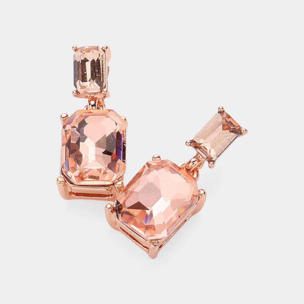 Peach Emerald Cut Crystal Interview Earrings  | Peach Cut Pageant Earrings
