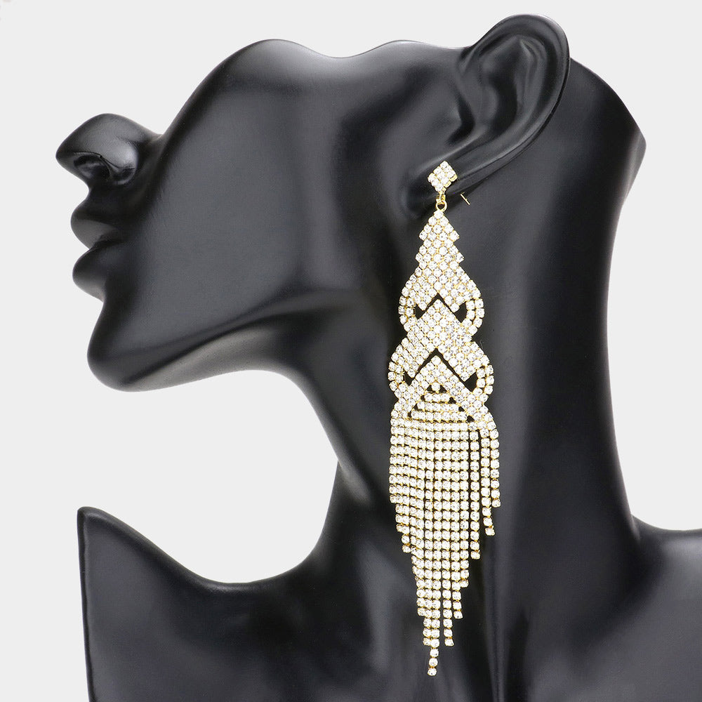 Very Long Clear Crystal Rhinestone Long Fringe Pageant Earrings on Gold | Statement Earrings