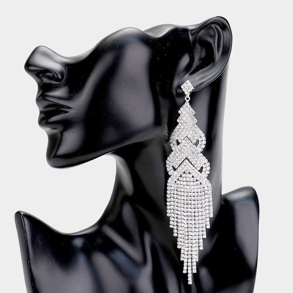 Very Long Clear Crystal Rhinestone Long Fringe Pageant Earrings | Statement Earrings