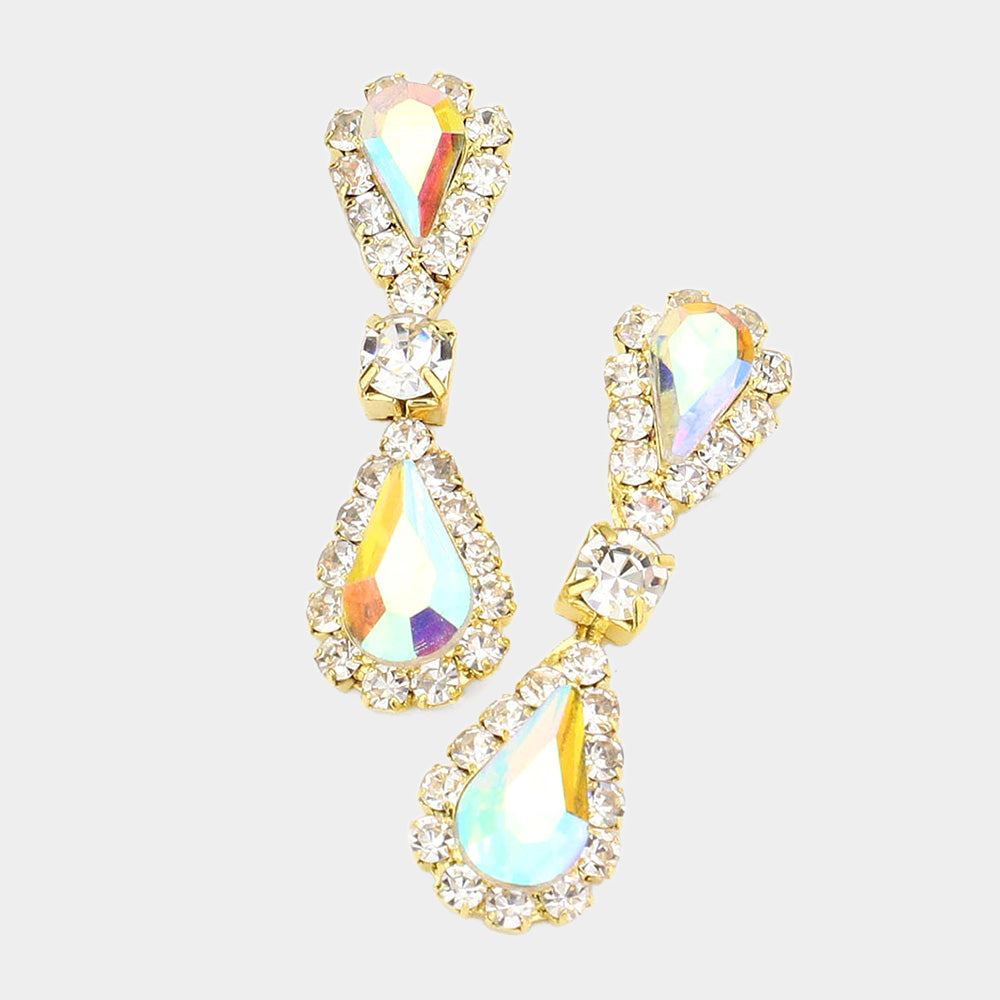 AB Double Teardrop Rhinestone Accented Small Pageant Earrings on Gold | Little Girl Earrings