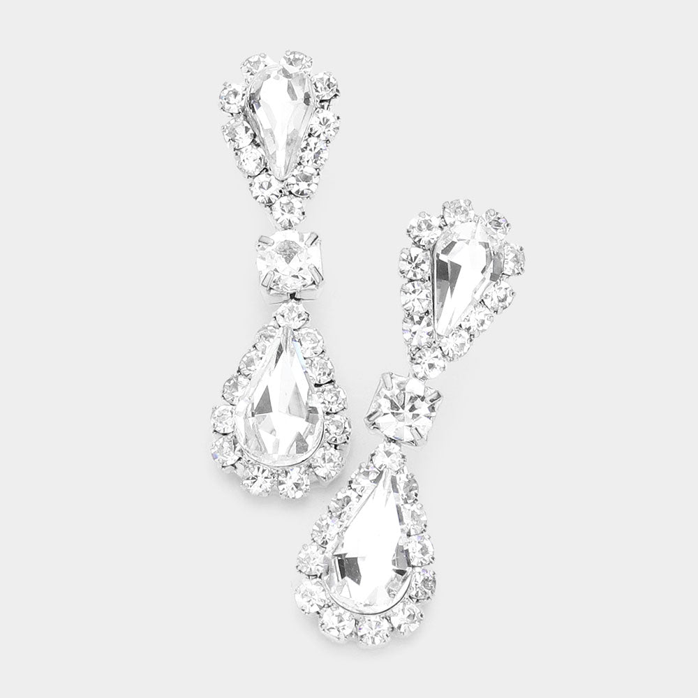 Clear Double Teardrop Rhinestone Accented Small Pageant Earrings | Little Girl Earrings