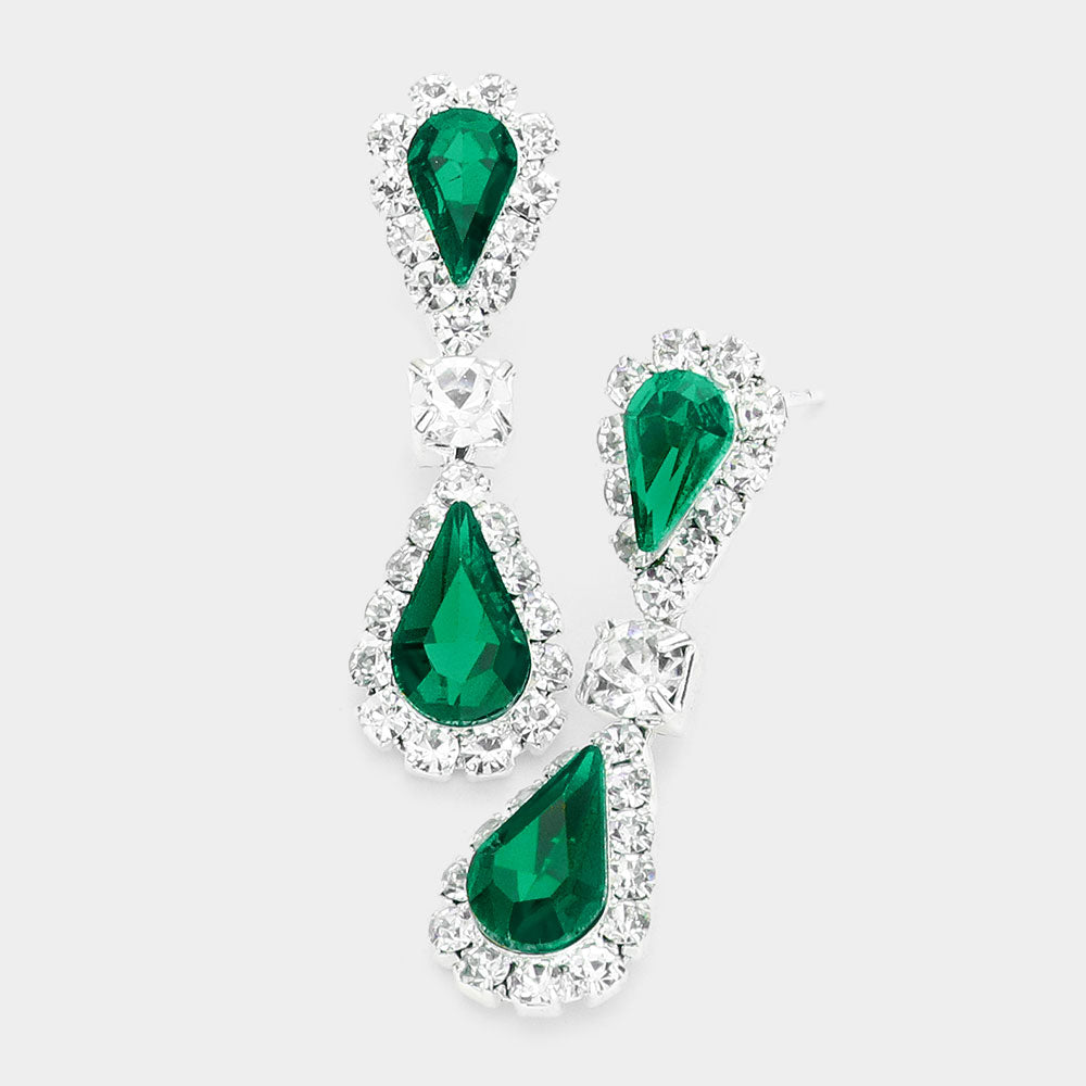 Emerald Double Teardrop Rhinestone Accented Small Pageant Earrings | Little Girl Earrings
