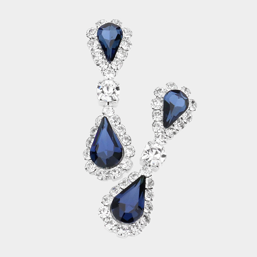 Navy Double Teardrop Rhinestone Accented Small Pageant Earrings | Little Girl Earrings