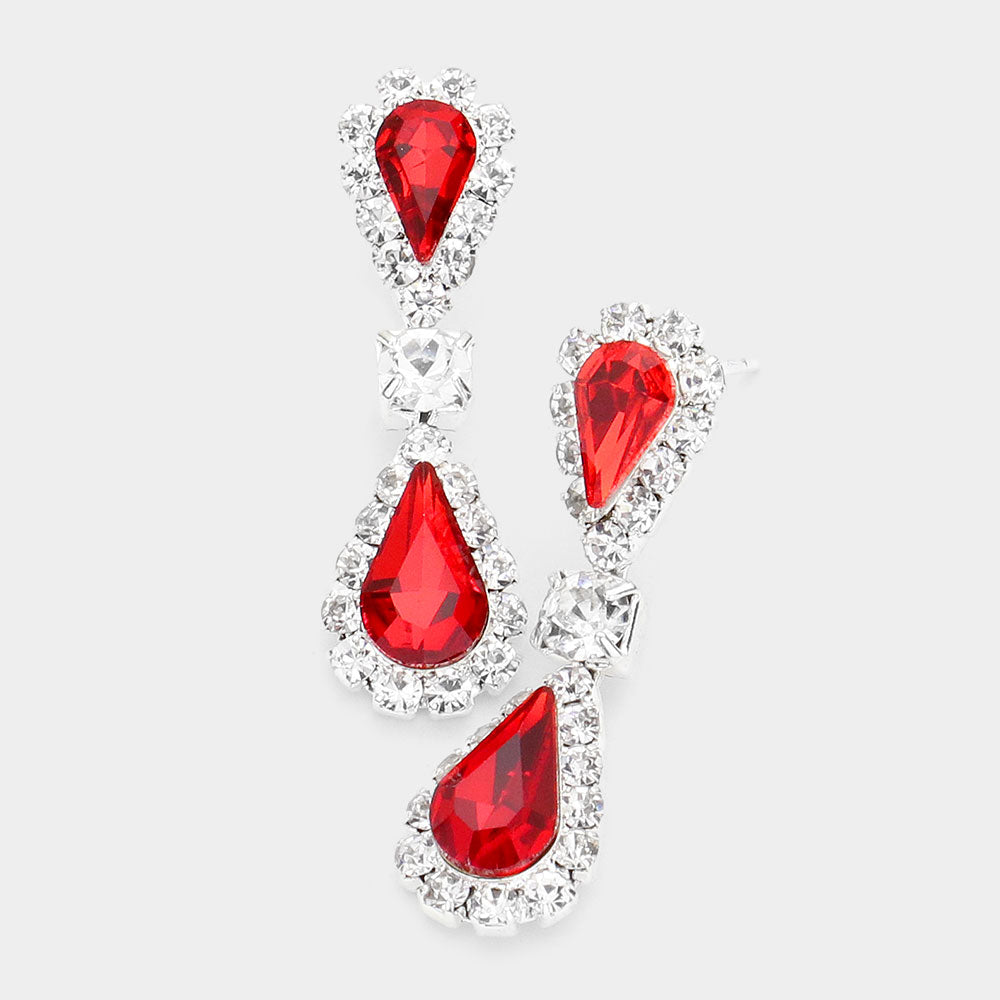 Red Double Teardrop Rhinestone Accented Small Pageant Earrings | Little Girl Earrings