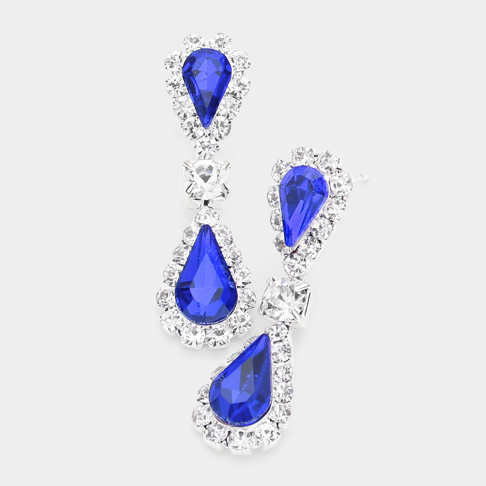 Sapphire Double Teardrop Rhinestone Accented Small Pageant Earrings | Little Girl Earrings