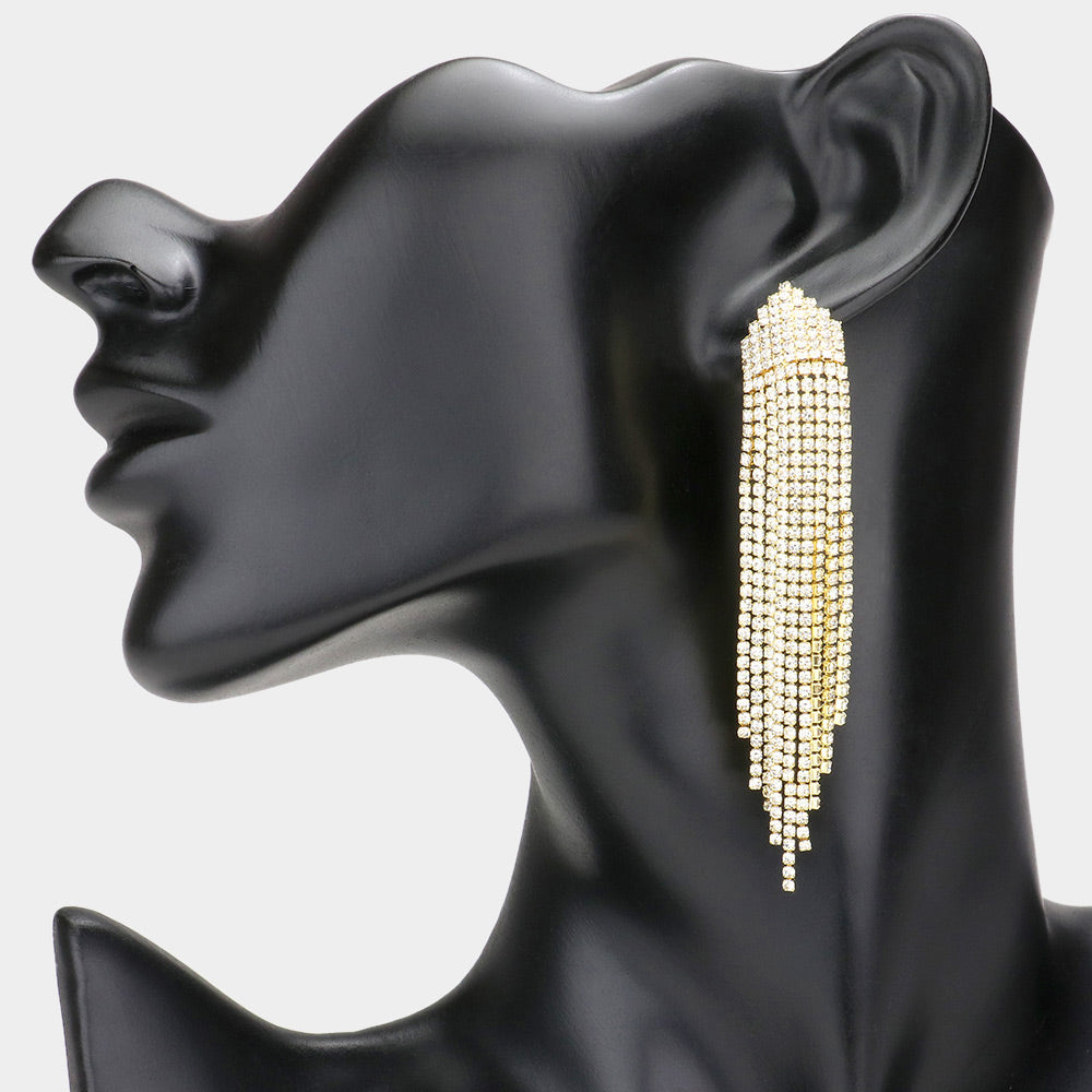 Clear Rhinestone Fringe Drop Pageant Earrings on Gold | Prom Earrings