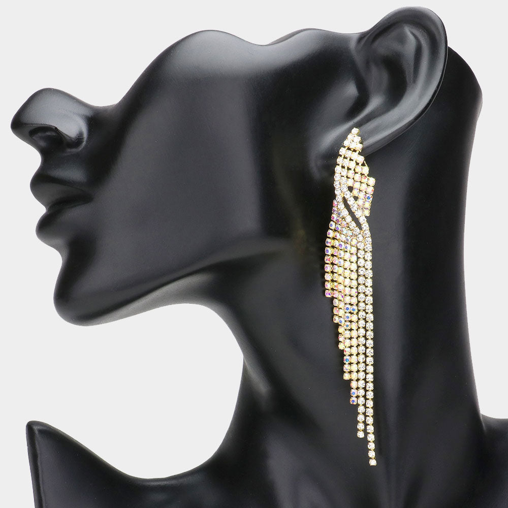 AB Fringe Rhinestone Pageant Earrings on Gold | Prom Earrings