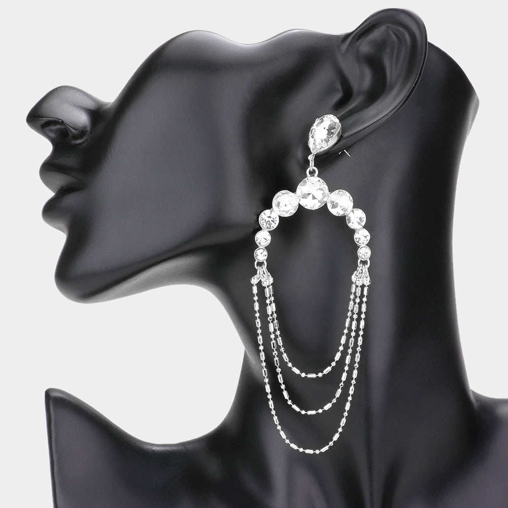Round Stone Draped Chain Dangle Pageant Earrings Silver Backed | Prom Jewelry