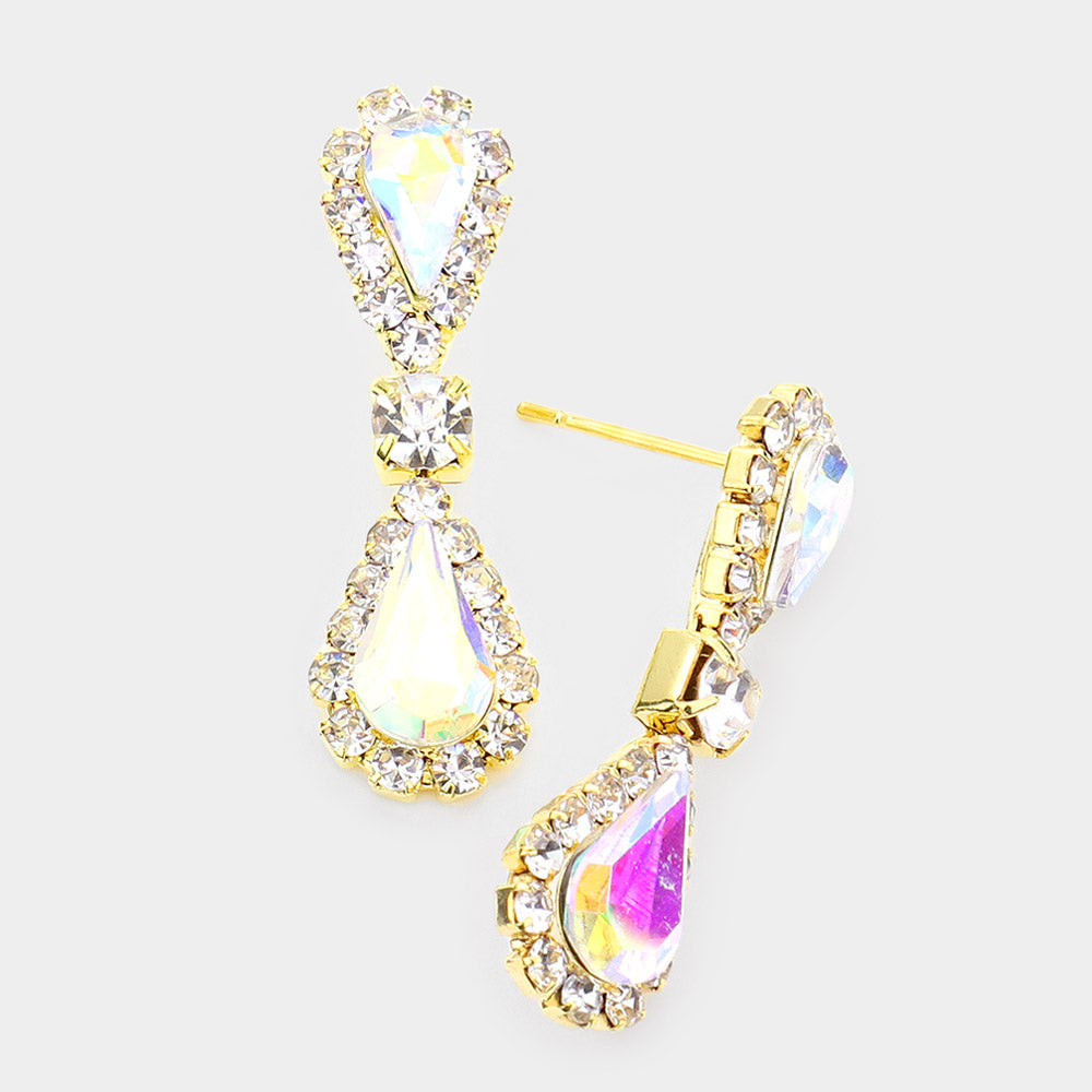 Small AB Double Teardrop Rhinestone Accented Dangle Pageant Earrings on Gold | Earrings for Little Girls