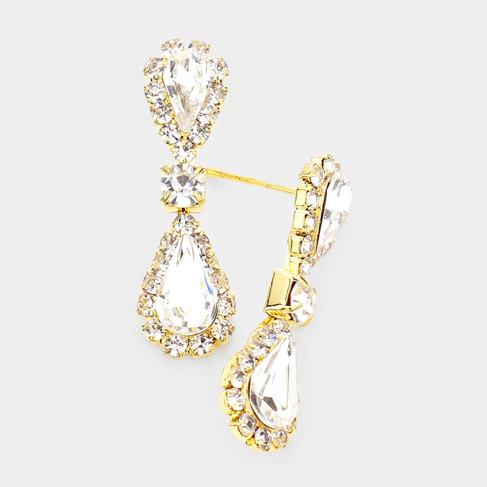 Small Clear Double Teardrop Rhinestone Accented Dangle Pageant Earrings on Gold | Earrings for Little Girls