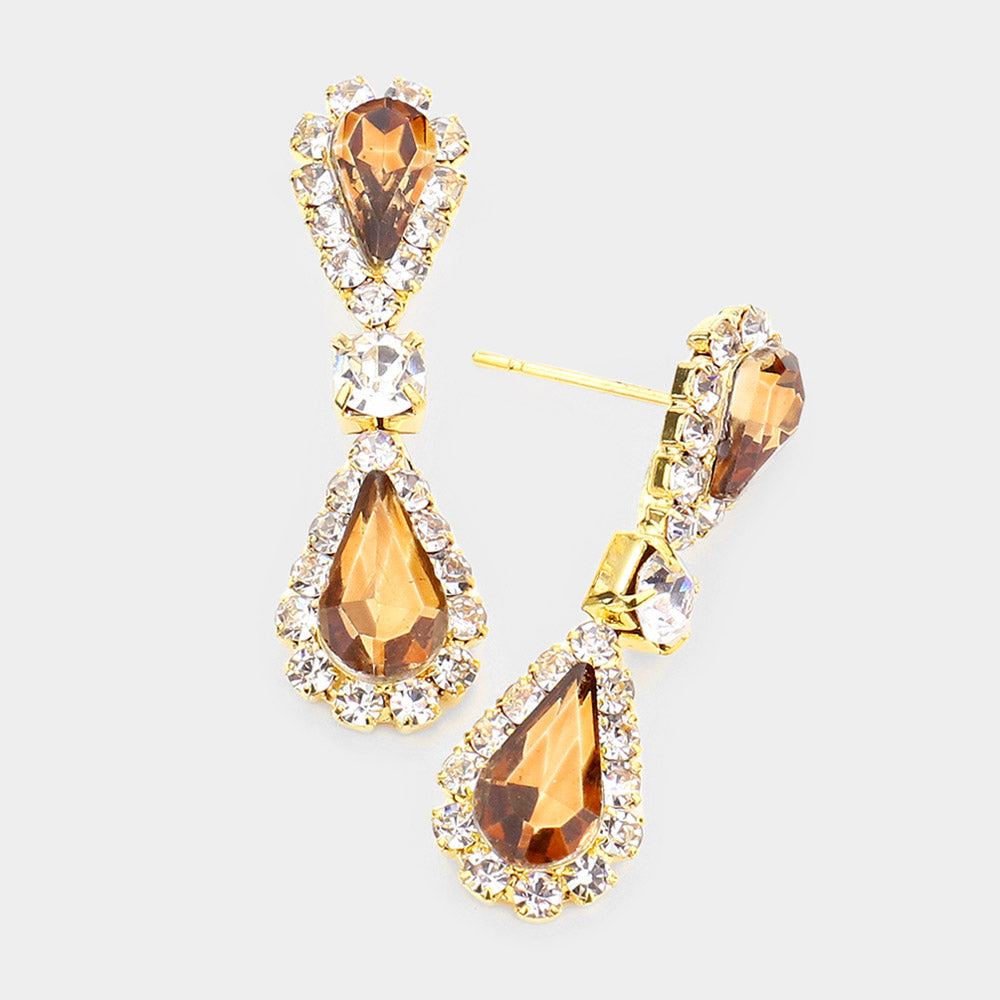 Small Topaz Double Teardrop Rhinestone Accented Dangle Pageant Earrings  Earrings for Little Girls
