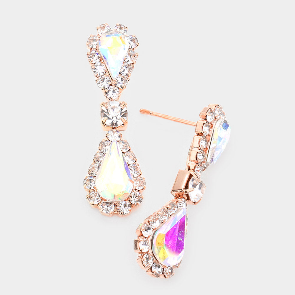 Small AB Double Teardrop Rhinestone Accented Dangle Pageant Earrings on Rose Gold  |Earrings for Little Girls