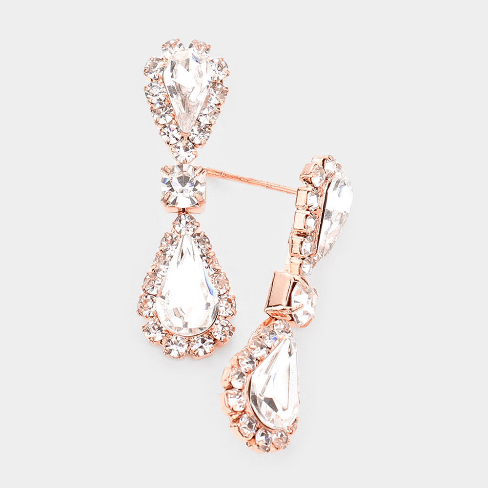 Small Clear Double Teardrop Rhinestone Accented Dangle Pageant Earrings on Rose Gold | Earrings for Little Girls