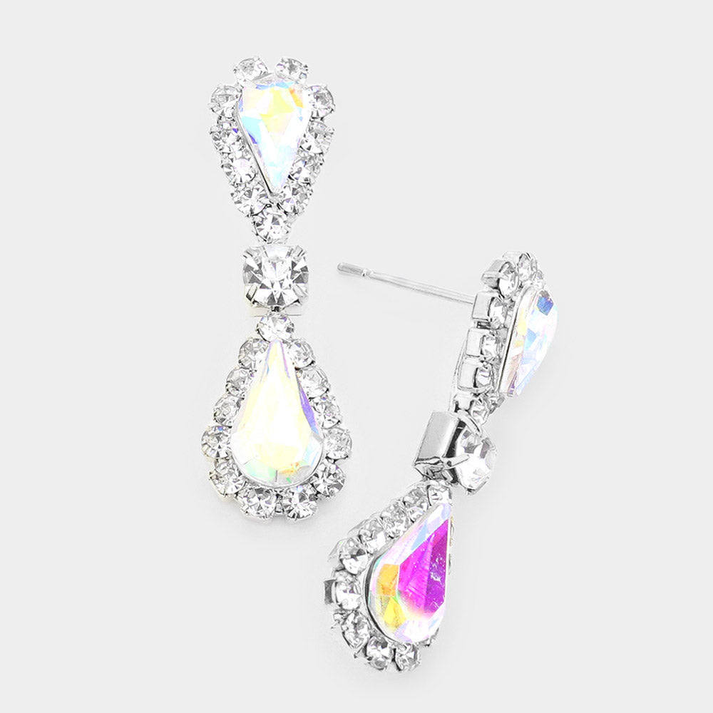 Small AB Double Teardrop Rhinestone Accented Dangle Pageant Earrings | Earrings for Little Girls
