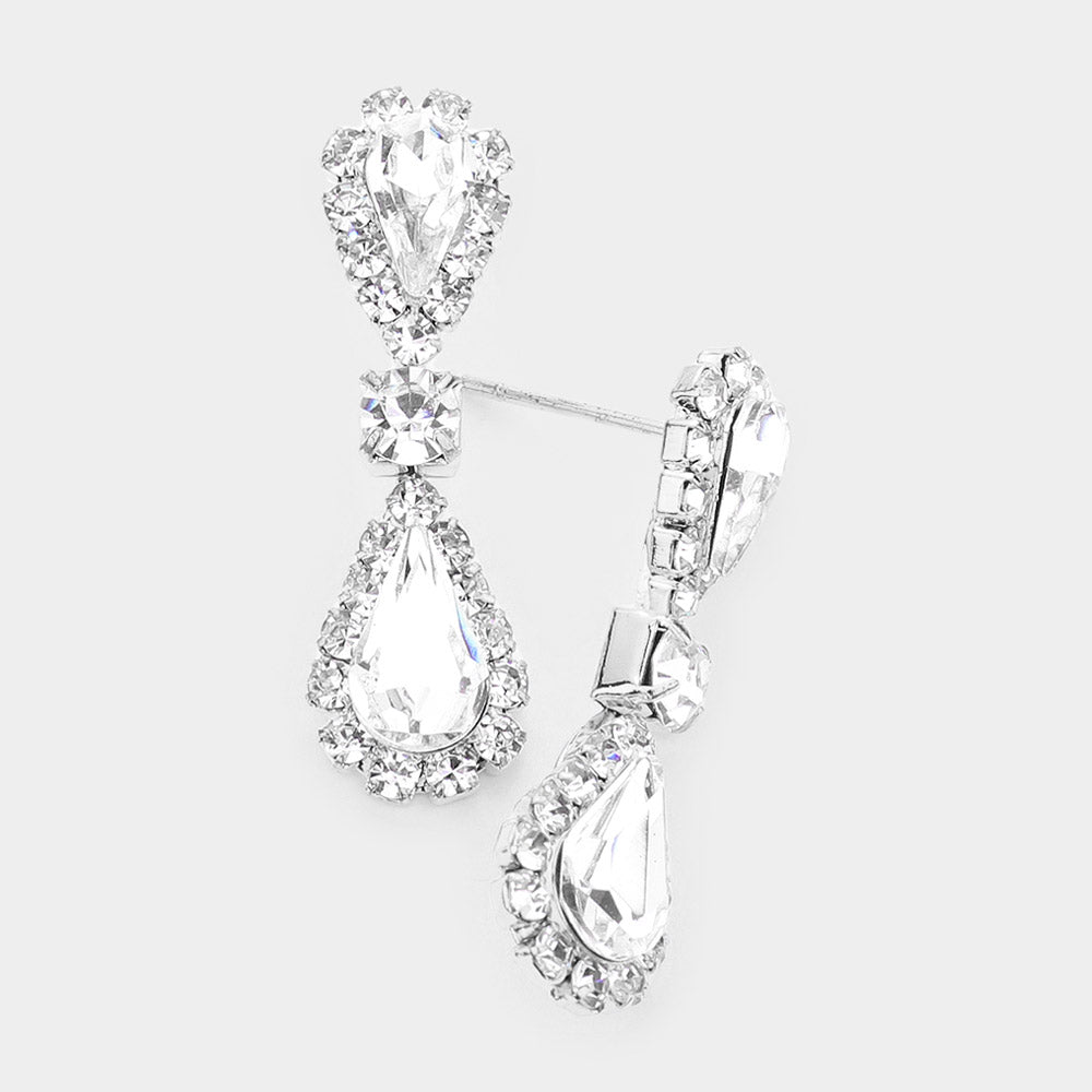 Small Clear Double Teardrop Rhinestone Accented Dangle Pageant Earrings | Earrings for Little Girls