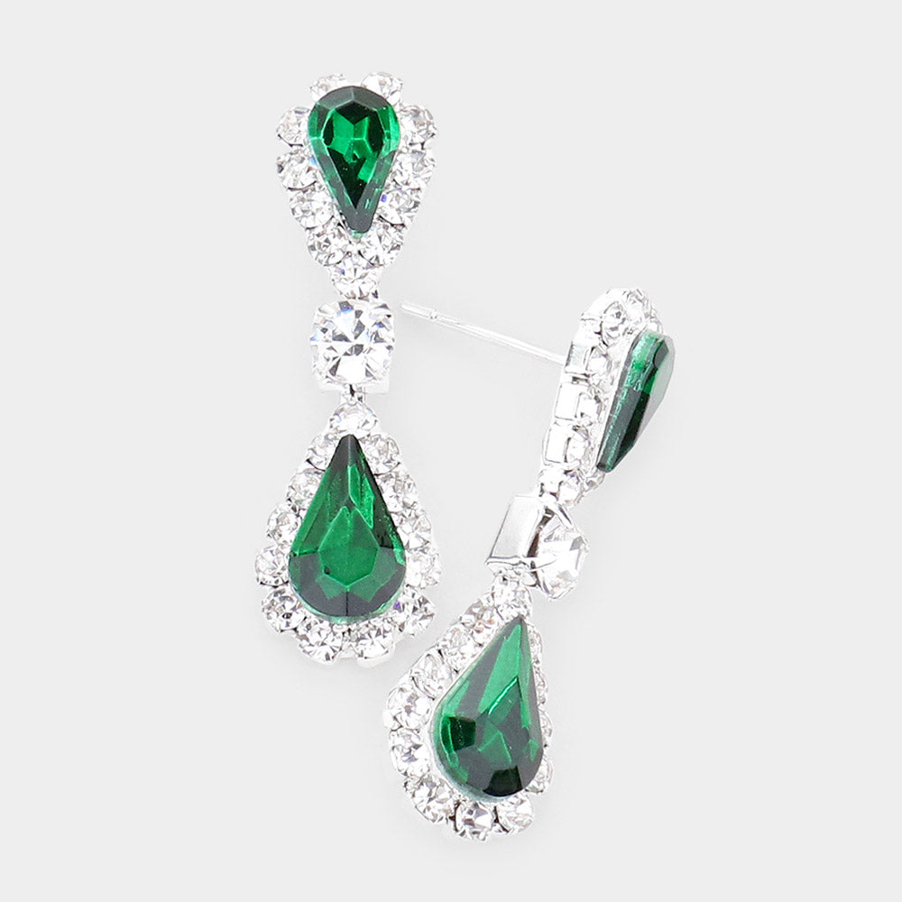 Small Emerald Double Teardrop Rhinestone Accented Dangle Pageant Earrings | Earrings for Little Girls