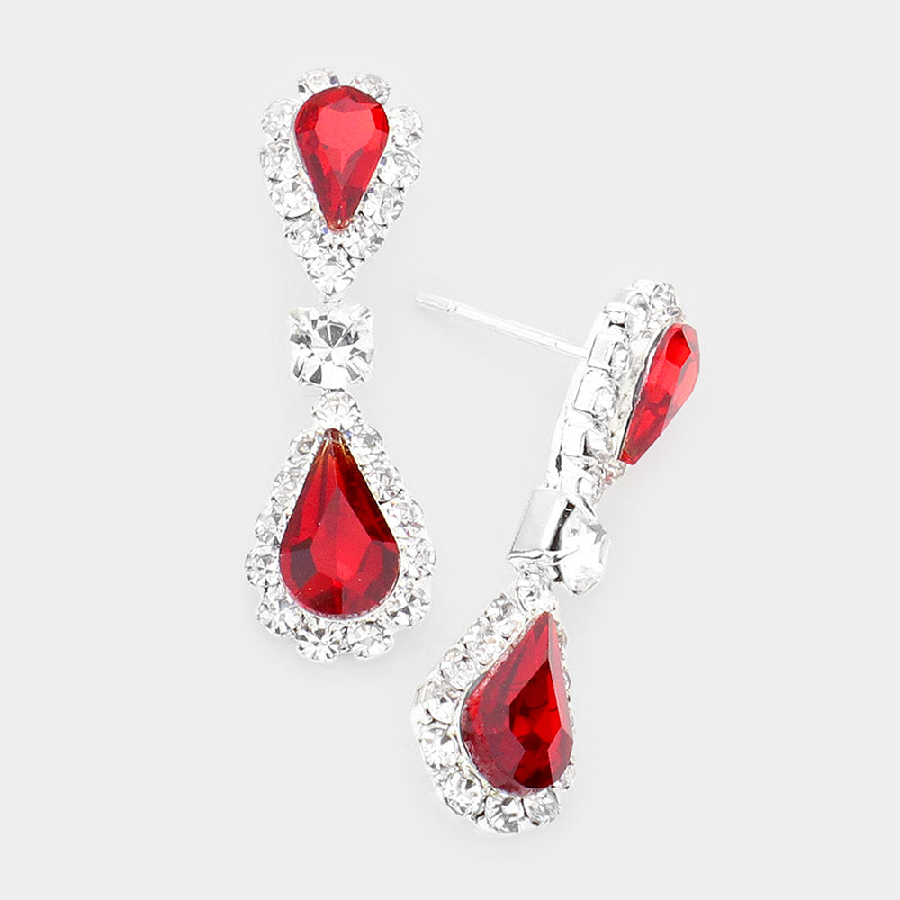 Small Red Double Teardrop Rhinestone Accented Dangle Pageant Earrings | Earrings for Little Girls