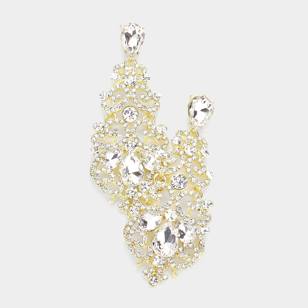 Clear Teardrop and Rhinestone Embellished Chandelier Earrings on Gold | Pageant Earrings