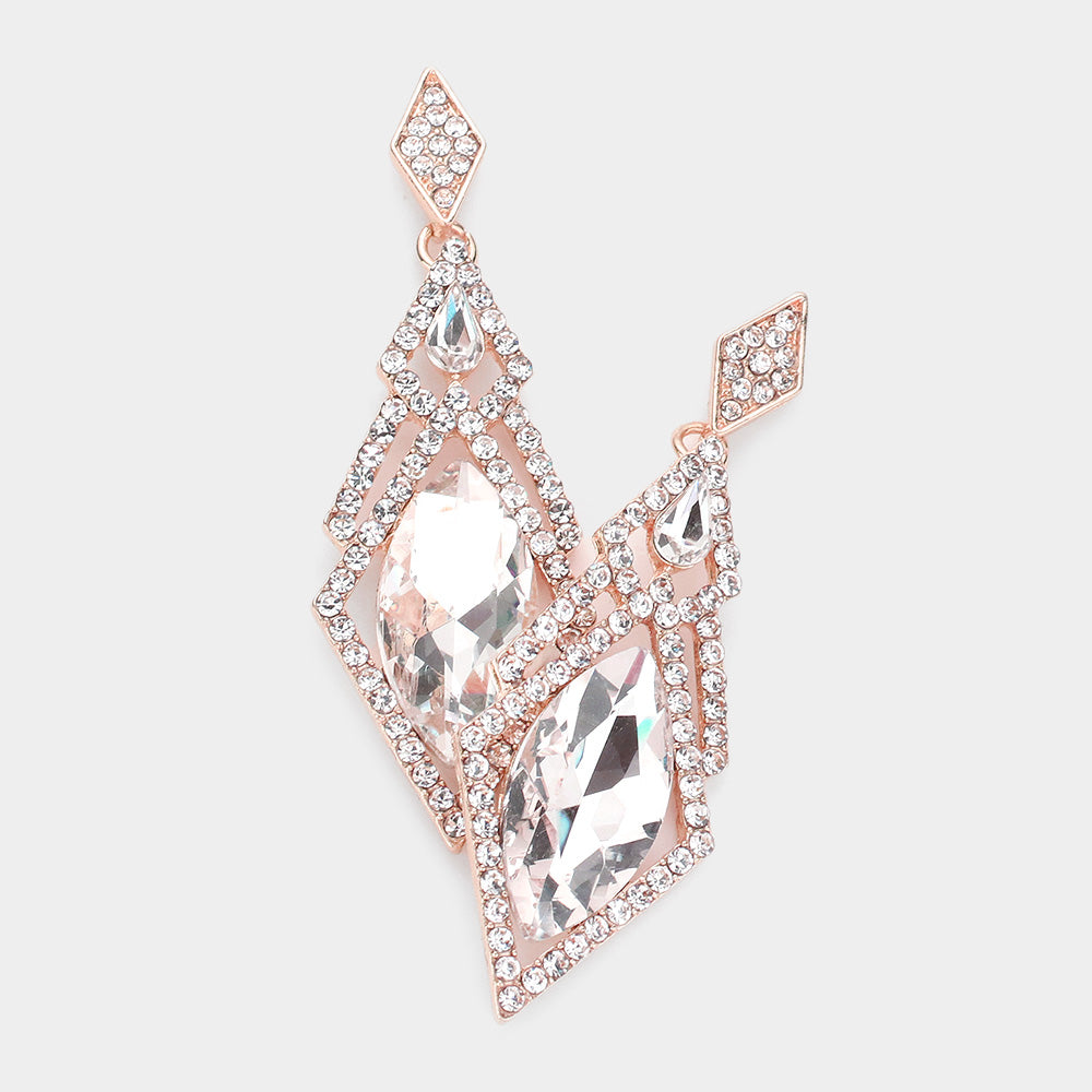 Edgy Clear Crystal Abstract Dangle Pageant Earrings on Rose Gold | Prom Jewelry