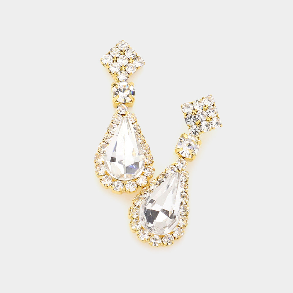 Small Clear Teardrop Rhinestone Accented Dangle Earrings on Gold| Earrings for Little Girls