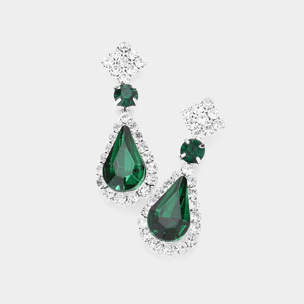 Small Emerald Teardrop Rhinestone Accented Dangle Earrings | Earrings for Little Girls