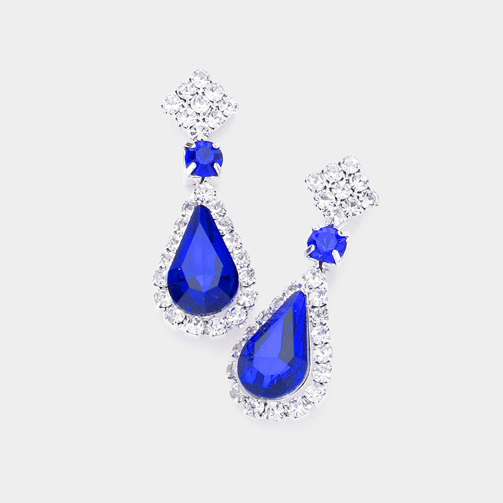 Small Sapphire Teardrop Rhinestone Accented Dangle Earrings | Earrings for Little Girls