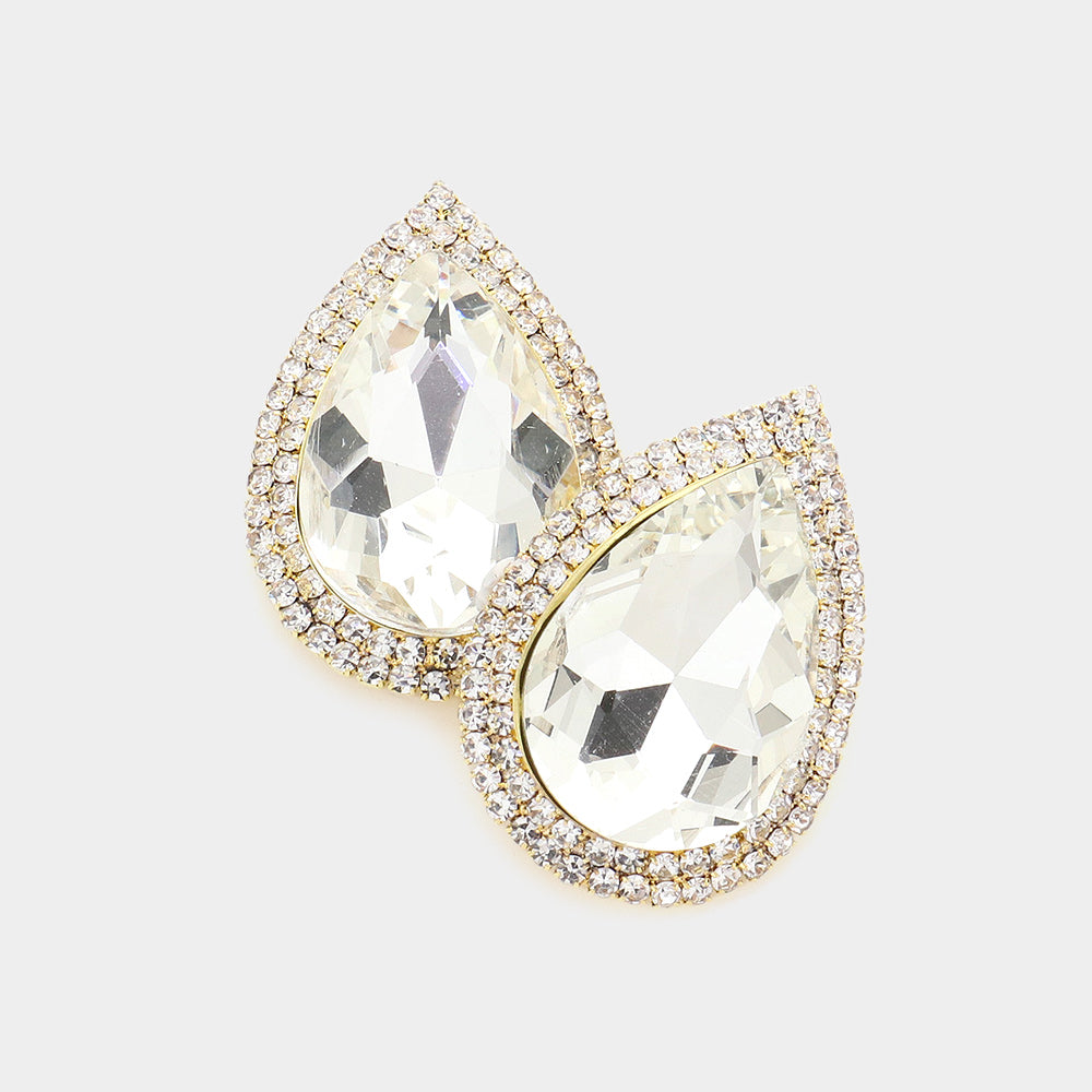 Clear Teardrop Rhinestone Accented Earrings on Gold | Pageant Jewelry