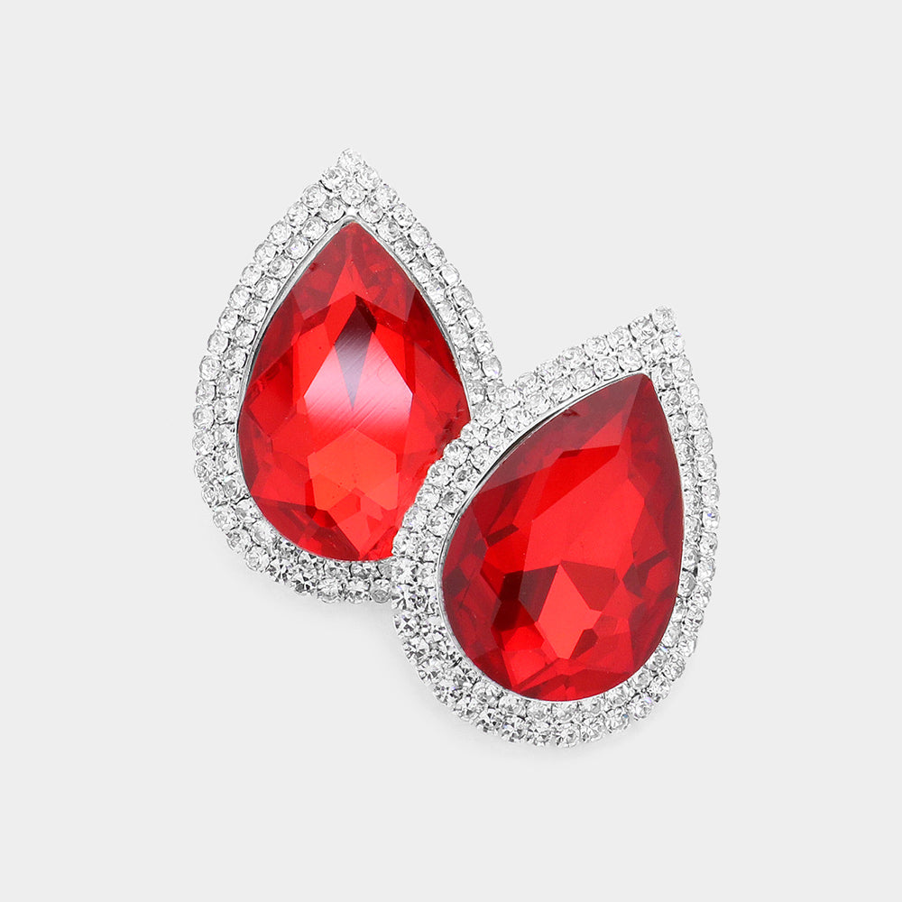 Red Teardrop Rhinestone Accented Earrings | Pageant Jewelry