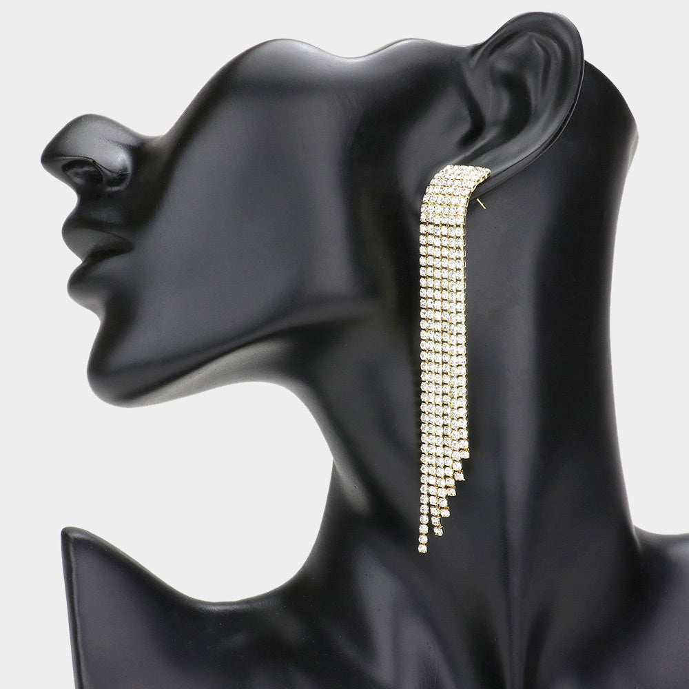 Clear Rhinestone 6 Row Fringe Pageant Earrings on Gold | Statement Earrings