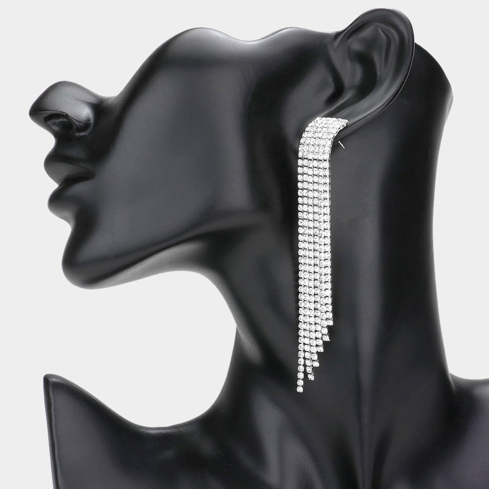 Clear Rhinestone 6 Row Fringe Pageant Earrings  | Statement Earrings