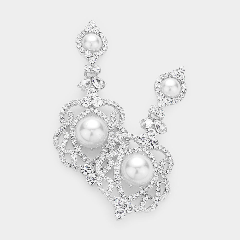 White Pearl Accented Rhinestone Dangle Bridal Earrings | Wedding Earrings