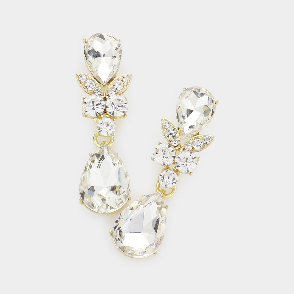 Double Teardrop Clear Dangle Pageant Earrings on Gold | Homecoming Earrings on Gold | 594705