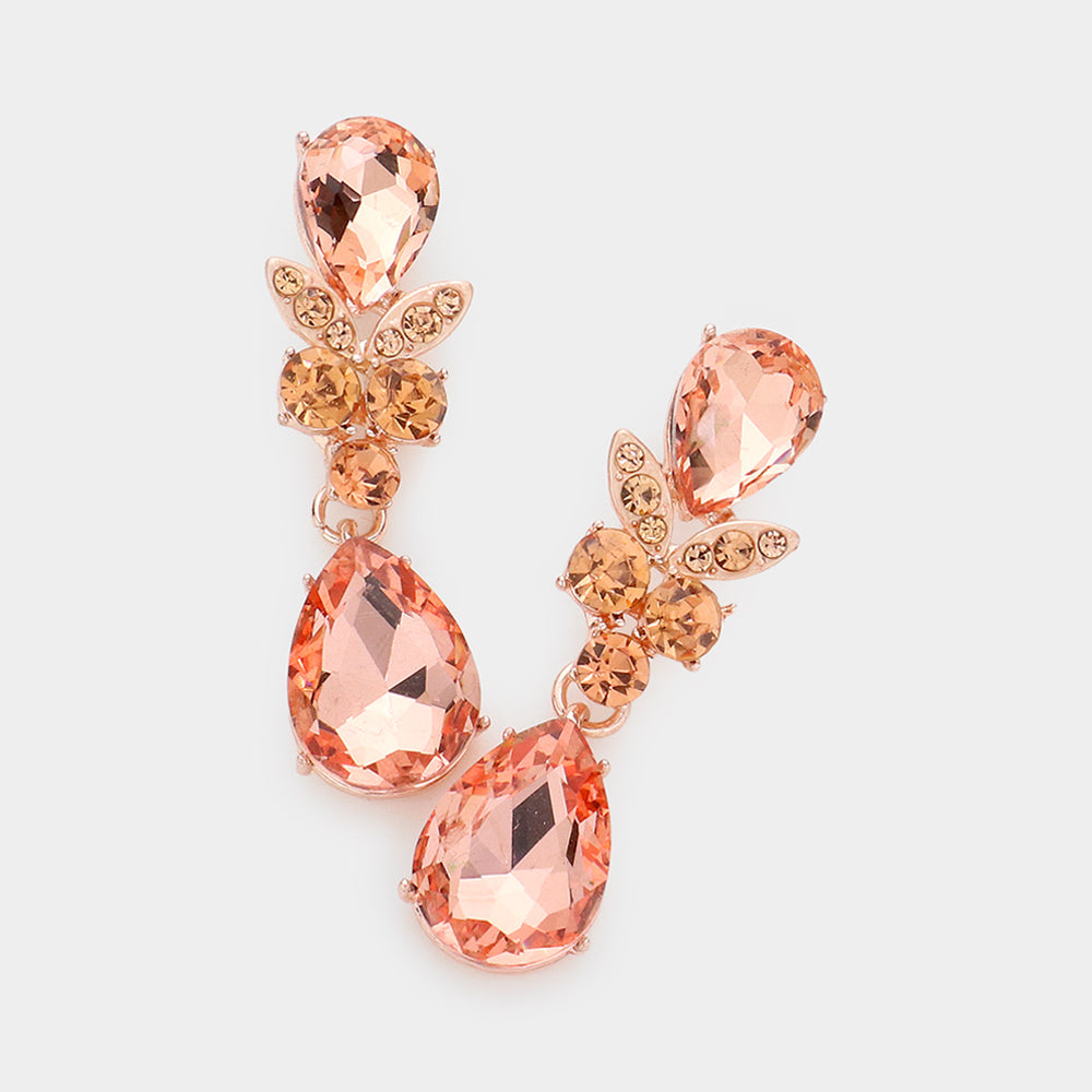 Double Teardrop Peach Dangle Pageant Earrings | Homecoming Earrings on Rose Gold