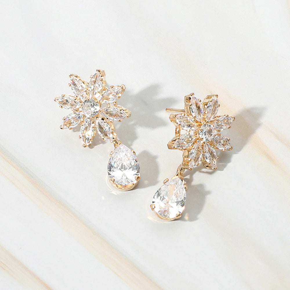 Small Flower CZ Stone Teardrop Dangle Pageant Earrings on Gold | Earrings for Little Girls