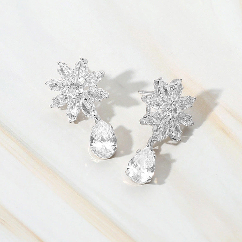 Small Flower CZ Stone Teardrop Dangle Pageant Earrings on Silver | Earrings for Little Girls