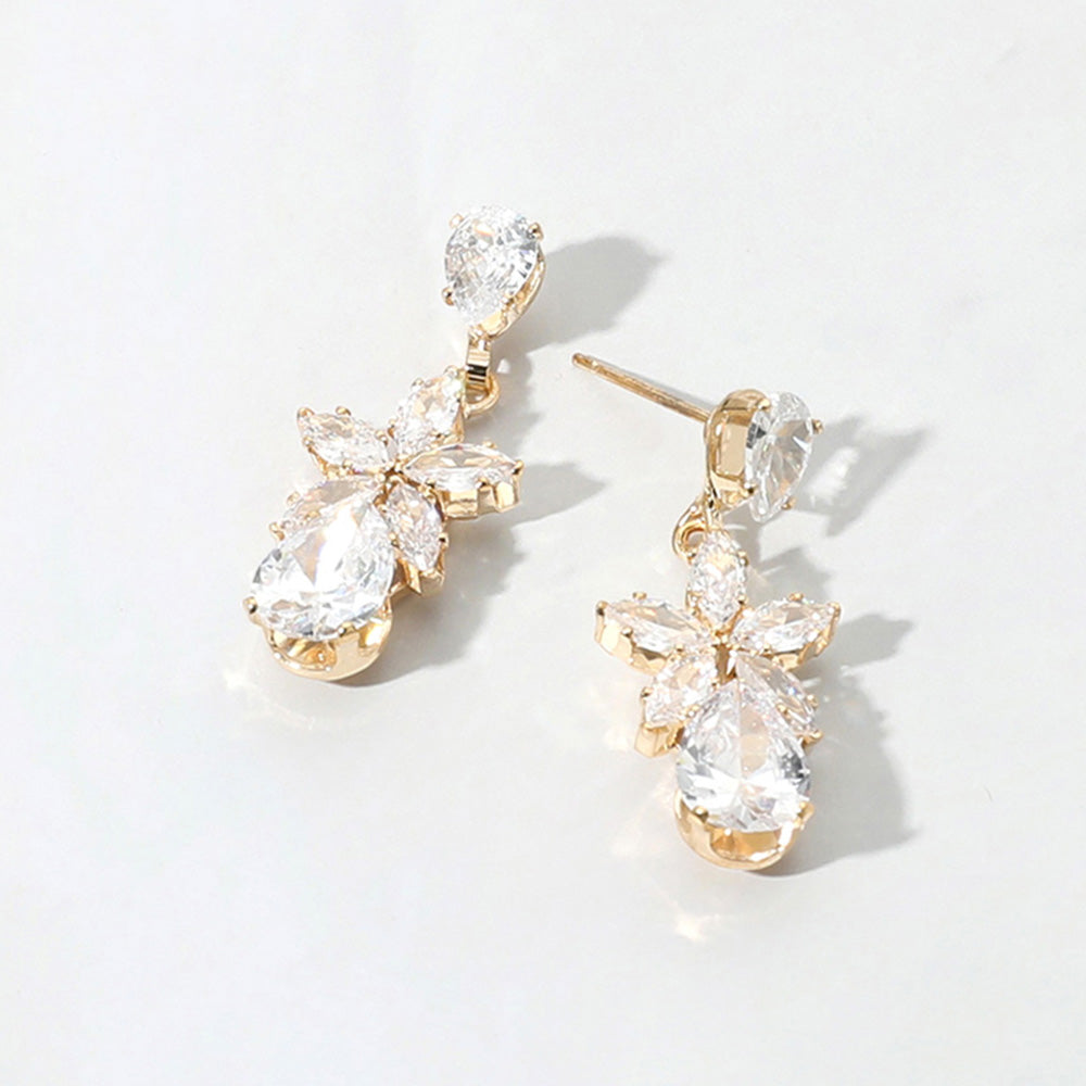 Small Flower Teardrop CZ Stone Dangle Pageant Earrings on Gold | Earrings for Little Girls