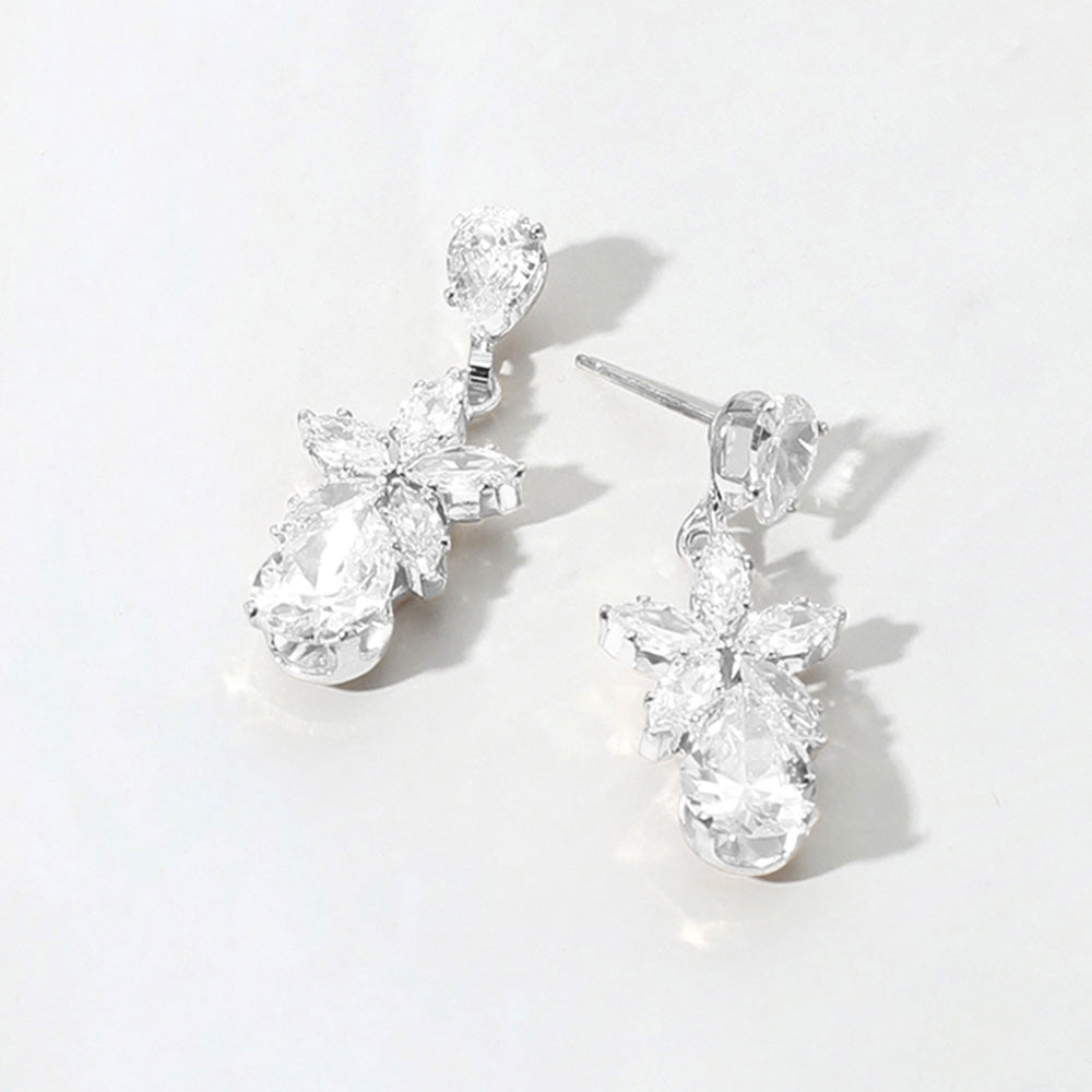 Small Flower Teardrop CZ Stone Dangle Pageant Earrings on Silver | Earrings for Little Girls 