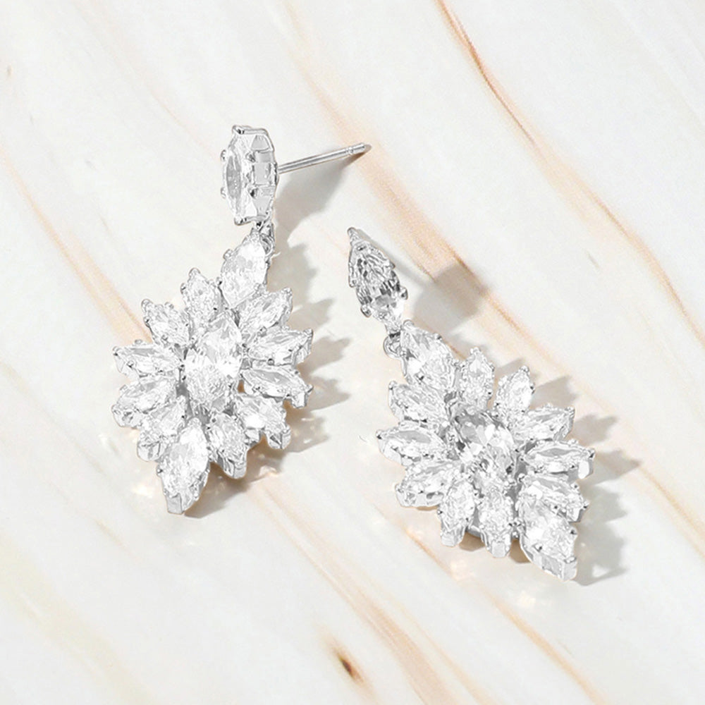Marquise Stone Cluster Dangle Pageant Earrings on Silver | Prom Earrings