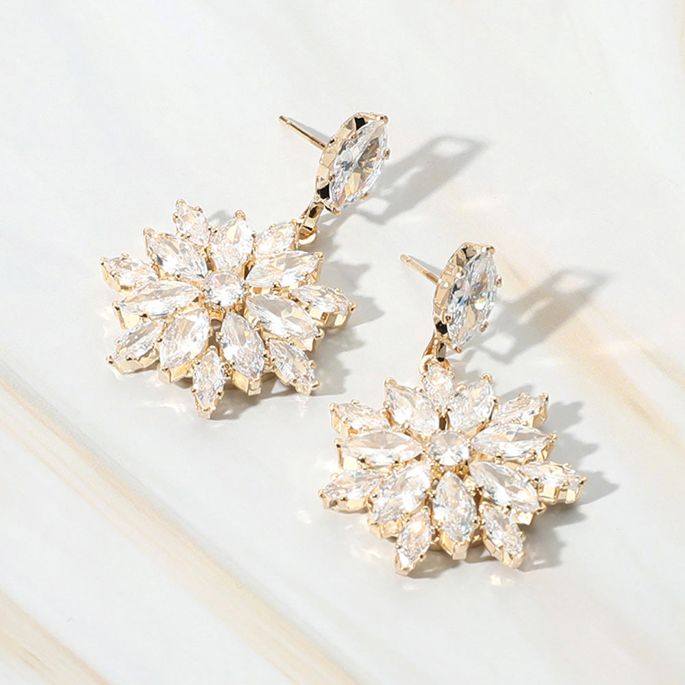 Small Flower CZ Stone Dangle Pageant Earrings on Gold | Young Girl Earrings