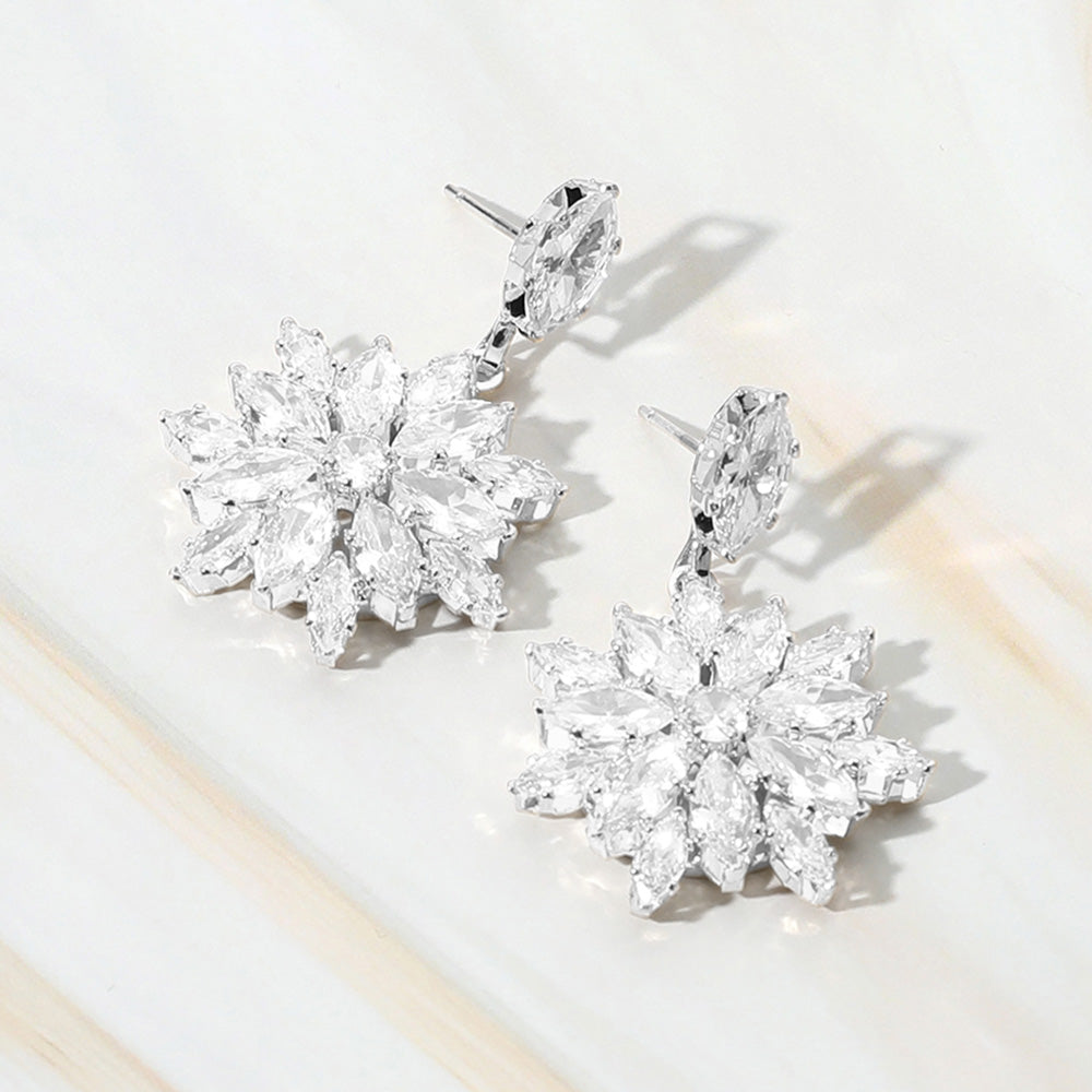 Small Flower CZ Stone Dangle Pageant Earrings on Silver | Young Girl Earrings