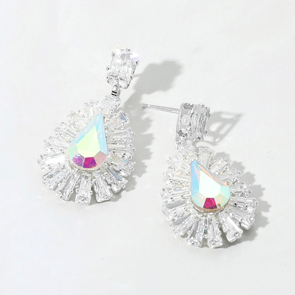 Small Baguette Trim with Teardrop AB CZ Stone Pageant Earrings on Silver| Little Girl Earrings