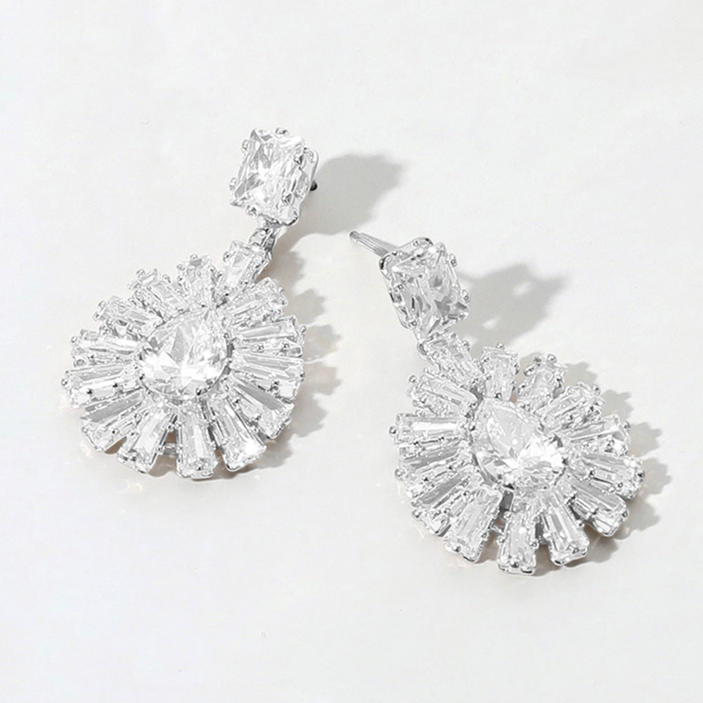 Small Baguette Trim with Teardrop CZ Stone Pageant Earrings on Silver | Little Girl Earrings