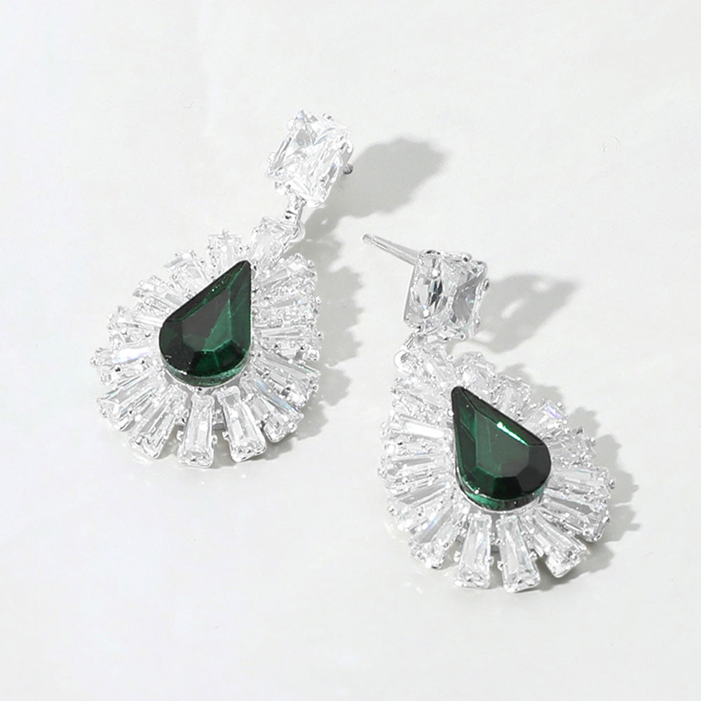 Small Baguette Trim with Teardrop Emerald CZ Stone Pageant Earrings  | Little Girl Earrings