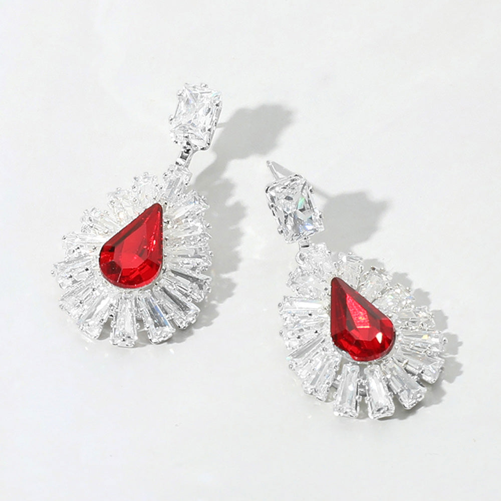 Small Baguette Trim with Teardrop Red CZ Stone Pageant Earrings  | Little Girl Earrings