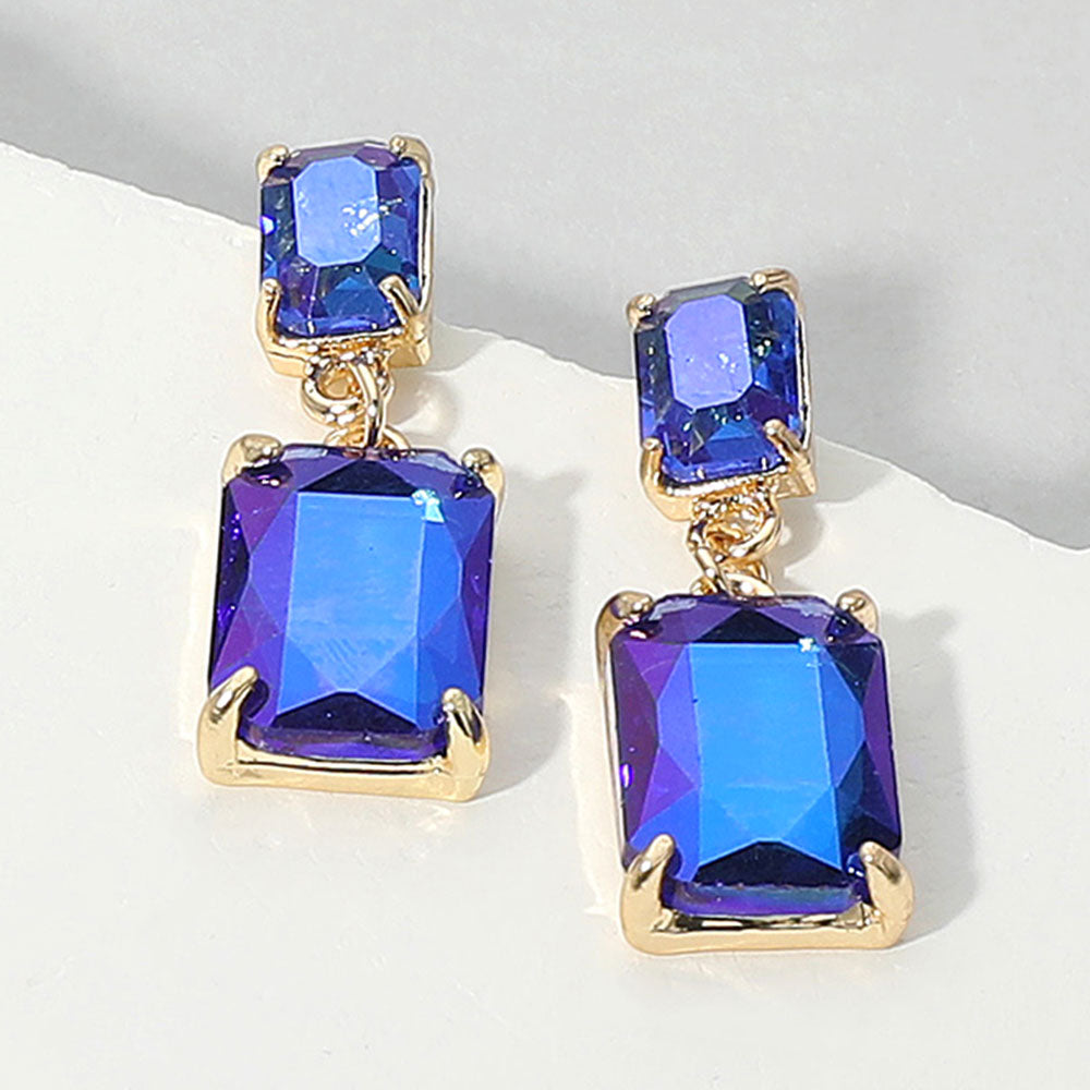 Rectangular Royal Blue AB Stone Dangle Earrings for Pageant-Prom-Special Occasions | 671679