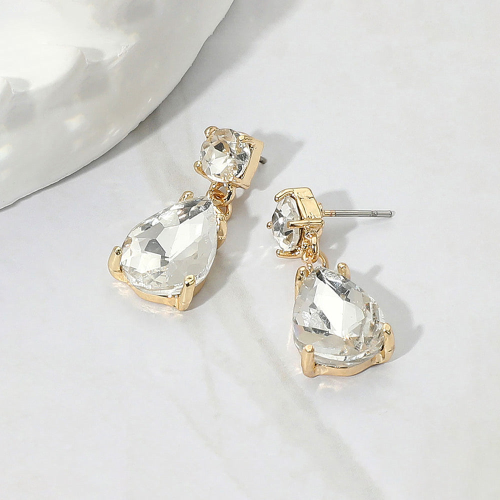 Little Girls Clear Teardrop and Circle Crystal Dangle Earrings for Pageant on Gold-Interview-Headshots |  671995