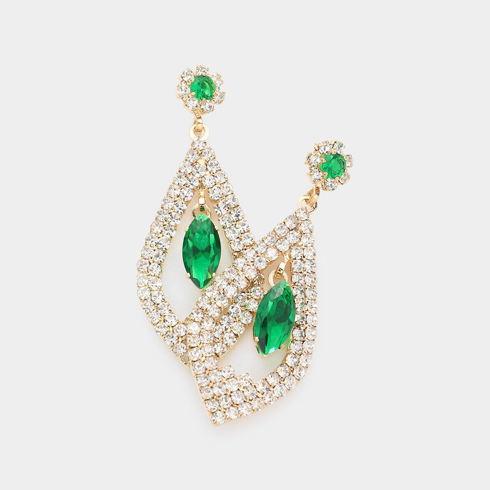Emerald Marquise Stone Rhinestone Embellished Drop Earrings | Pageant Earrings