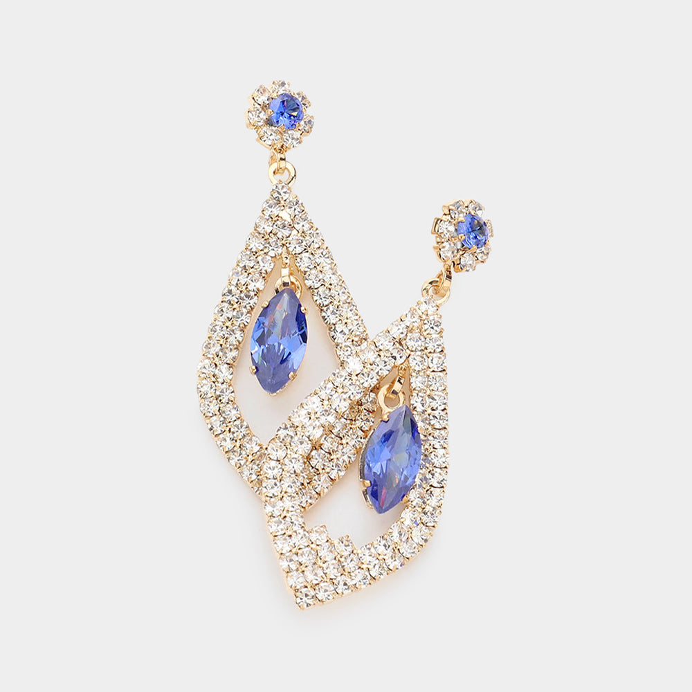 Sapphire Marquise Stone Rhinestone Embellished Drop Earrings on Gold | Pageant Earrings